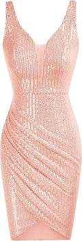 Deep V Neck Party Mini Dress - Sequin Irregular Hem