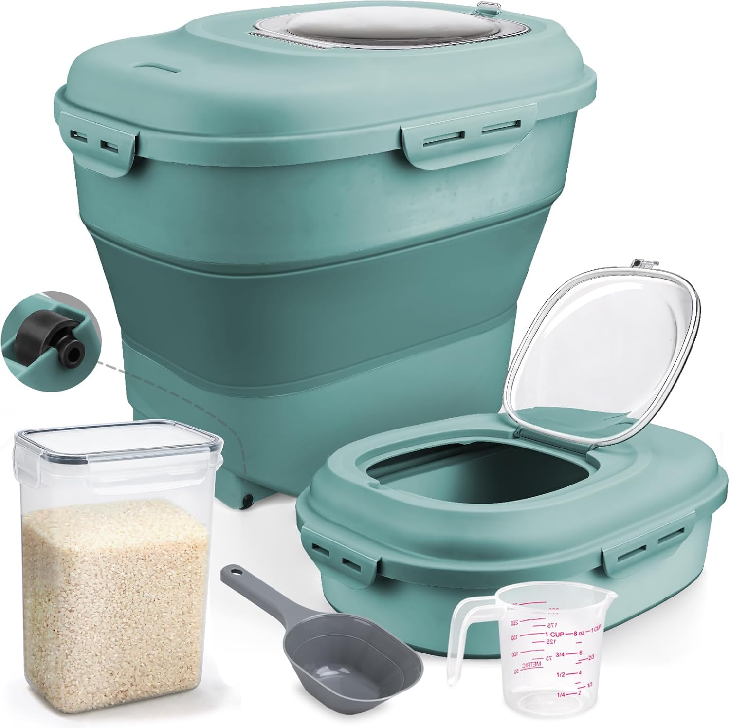 Collapsible Rice Storage Bin with Rolling Wheels and Scoop