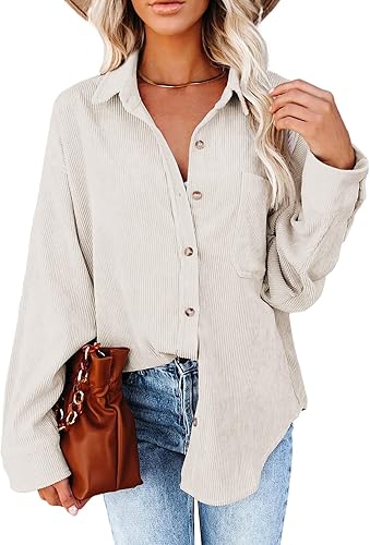 Astylish Women Corduroy Shirts Casual Long Sleeve Blouses Top