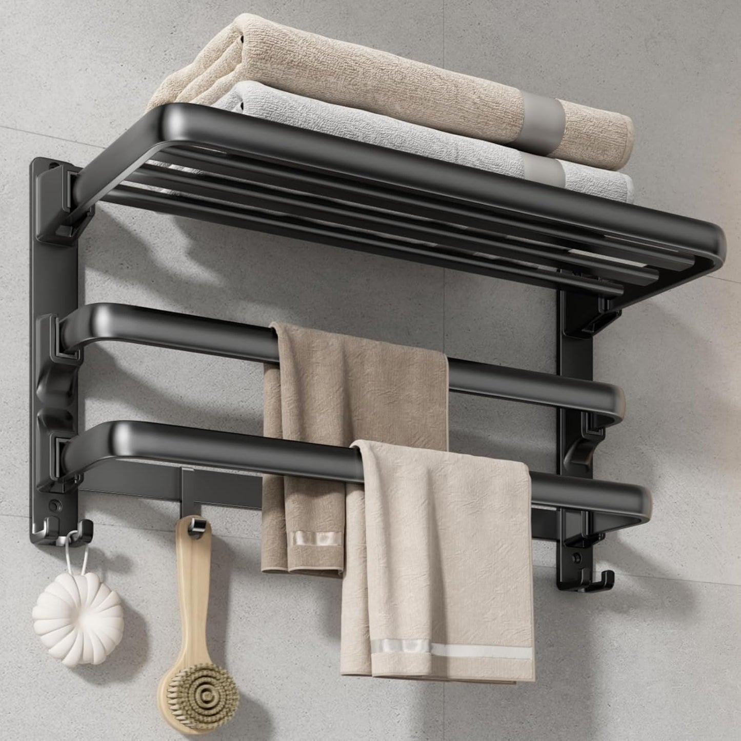 VOLDRA 24-Inch Towel Rack with Foldable Towel Holder & Hooks