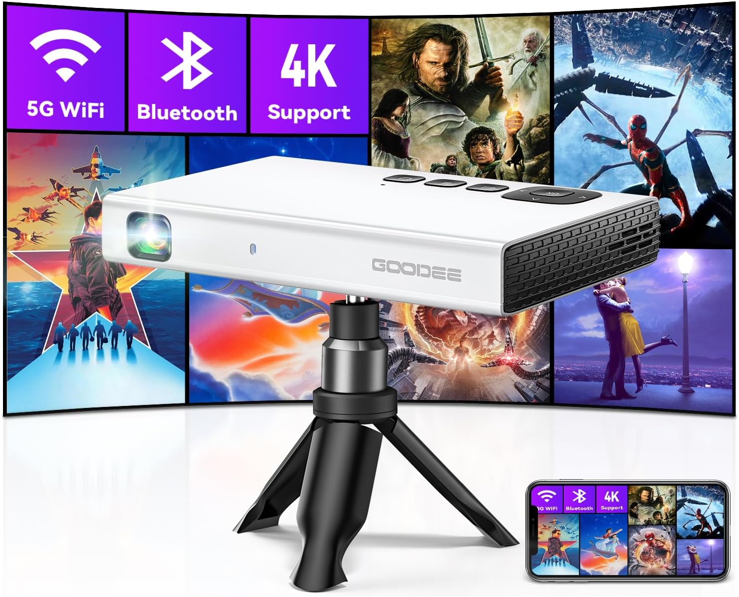 Portable 4K Mini Projector - WiFi, Bluetooth, Rechargeable Battery