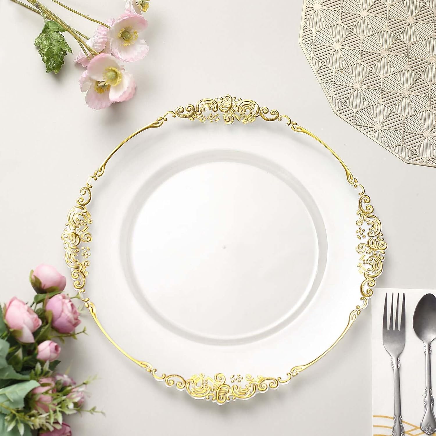 13 Inch Clear Gold Baroque Charger Plates for Elegant Events