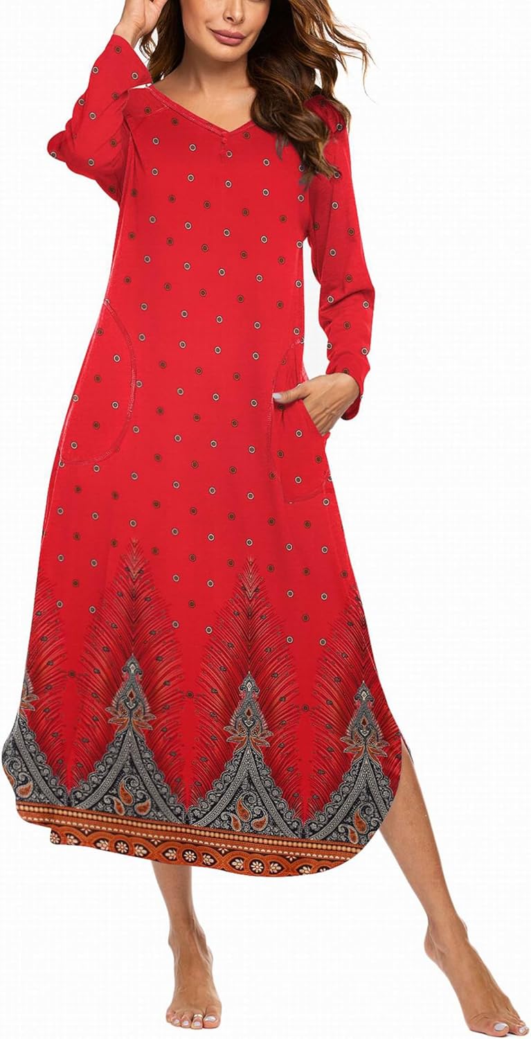 Ekouaer Women's Nightgown V-Neck Long Sleeve Sleepwear Dress