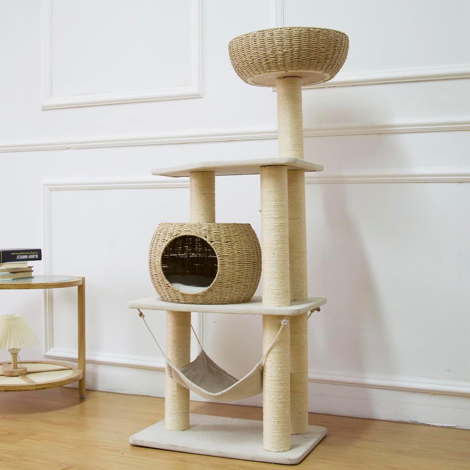 Wood Cat Tree for Indoor Cats with Scratching Post and Hammock