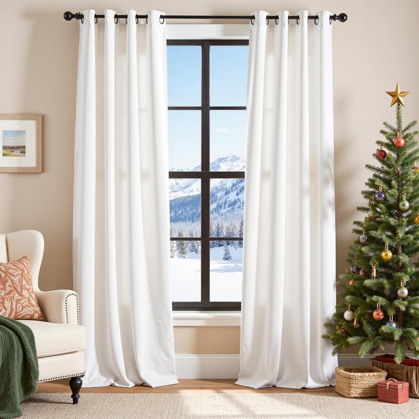 Lazzzy White Velvet Light Filtering Thermal Insulated Curtains
