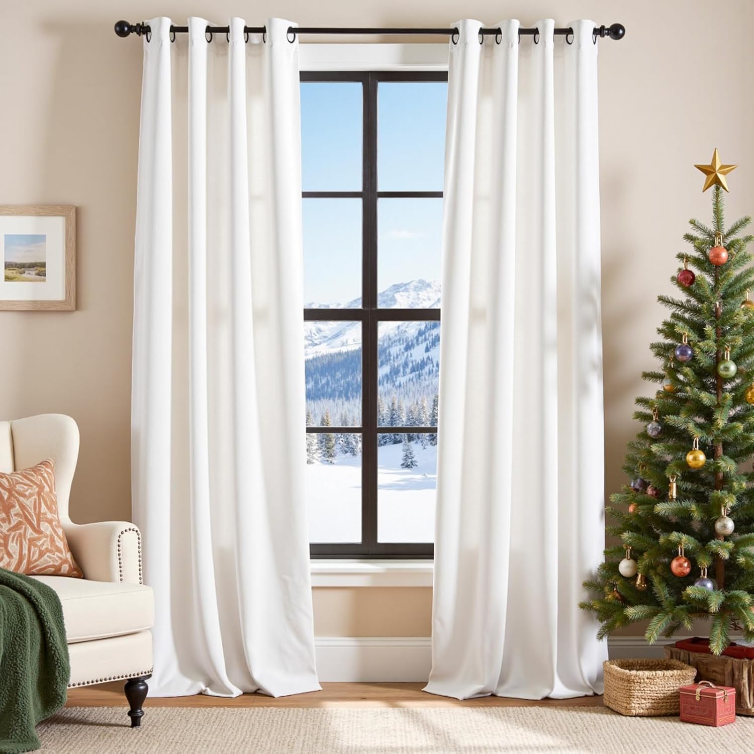 Lazzzy White Velvet Light Filtering Thermal Insulated Curtains