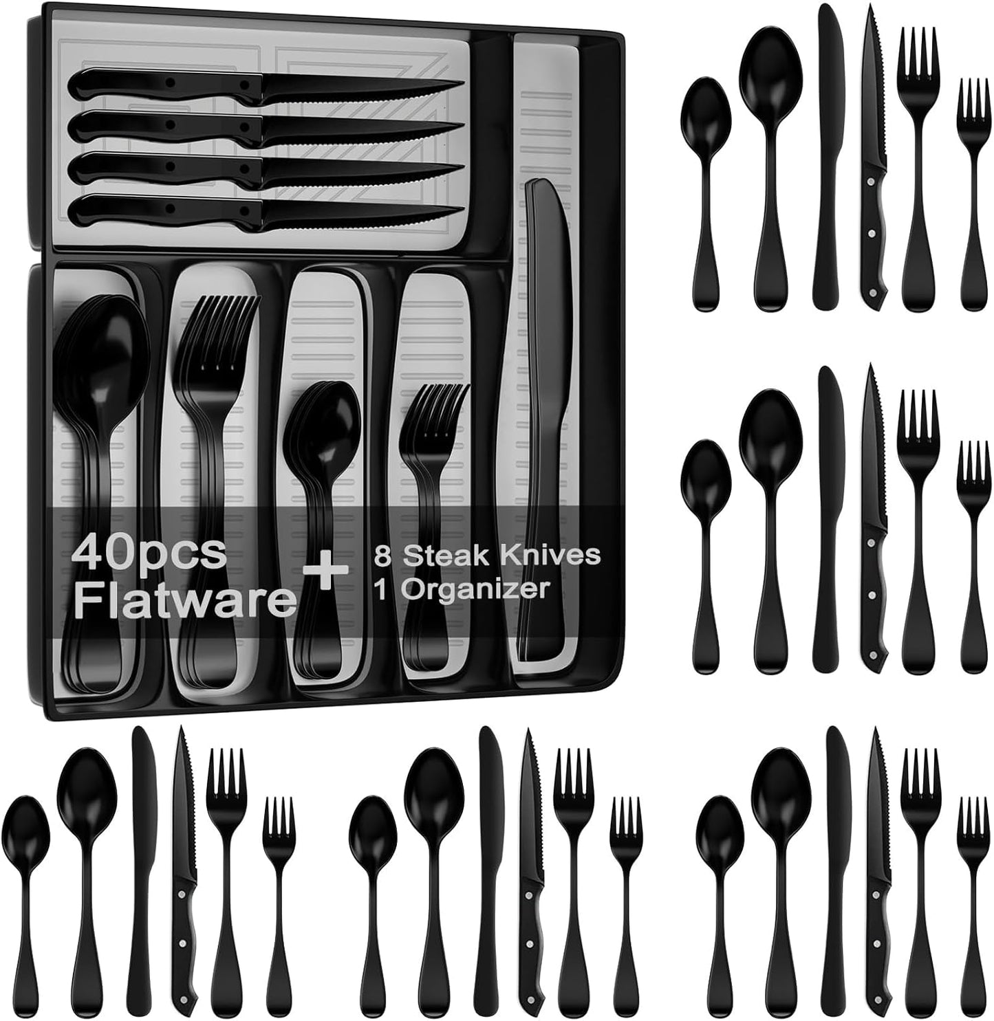49-Piece Black Silverware Set with Organizer for Elegant Dining