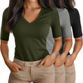 Women's 3 Pack Half Sleeve V Neck Cotton Blend Tunic Tops - Slim Fit