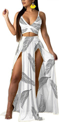 Women Chiffon 2 Piece Maxi Dress Set - Deep V Bra Crop Top