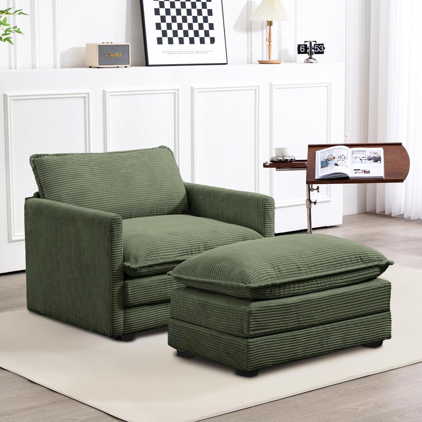 Modern Corduroy Single Armchair with Ottoman for Living Room