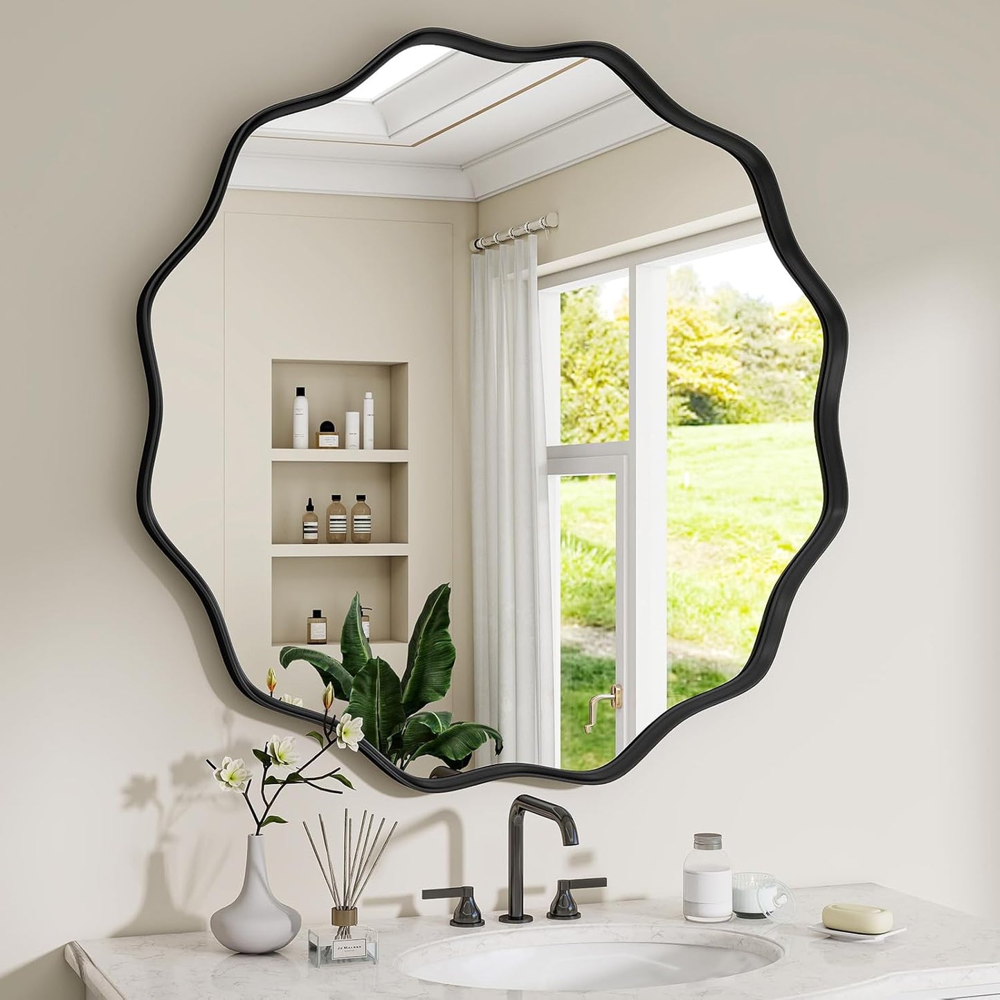 Round Wavy Mirror with Black Metal Frame for Modern Decor