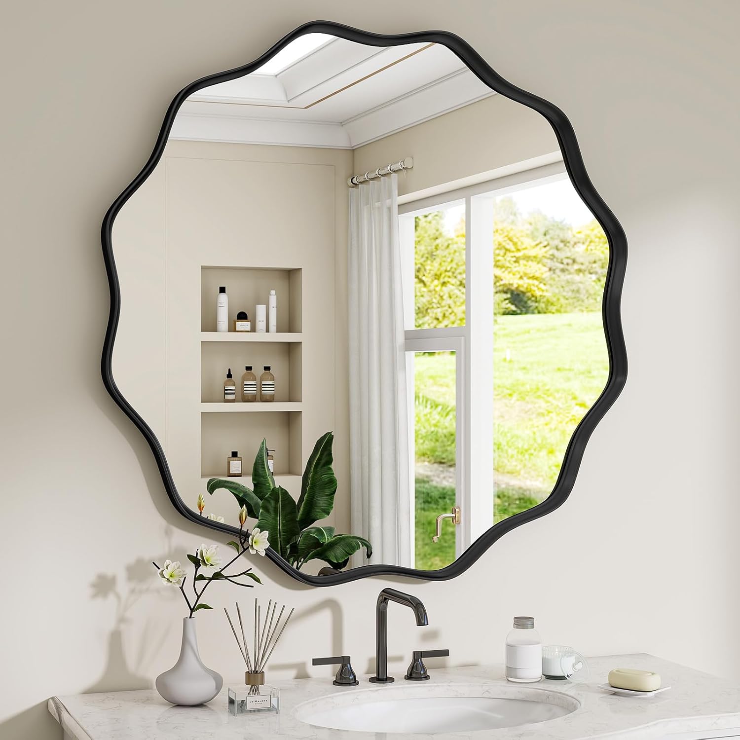 Round Wavy Mirror with Black Metal Frame for Modern Decor