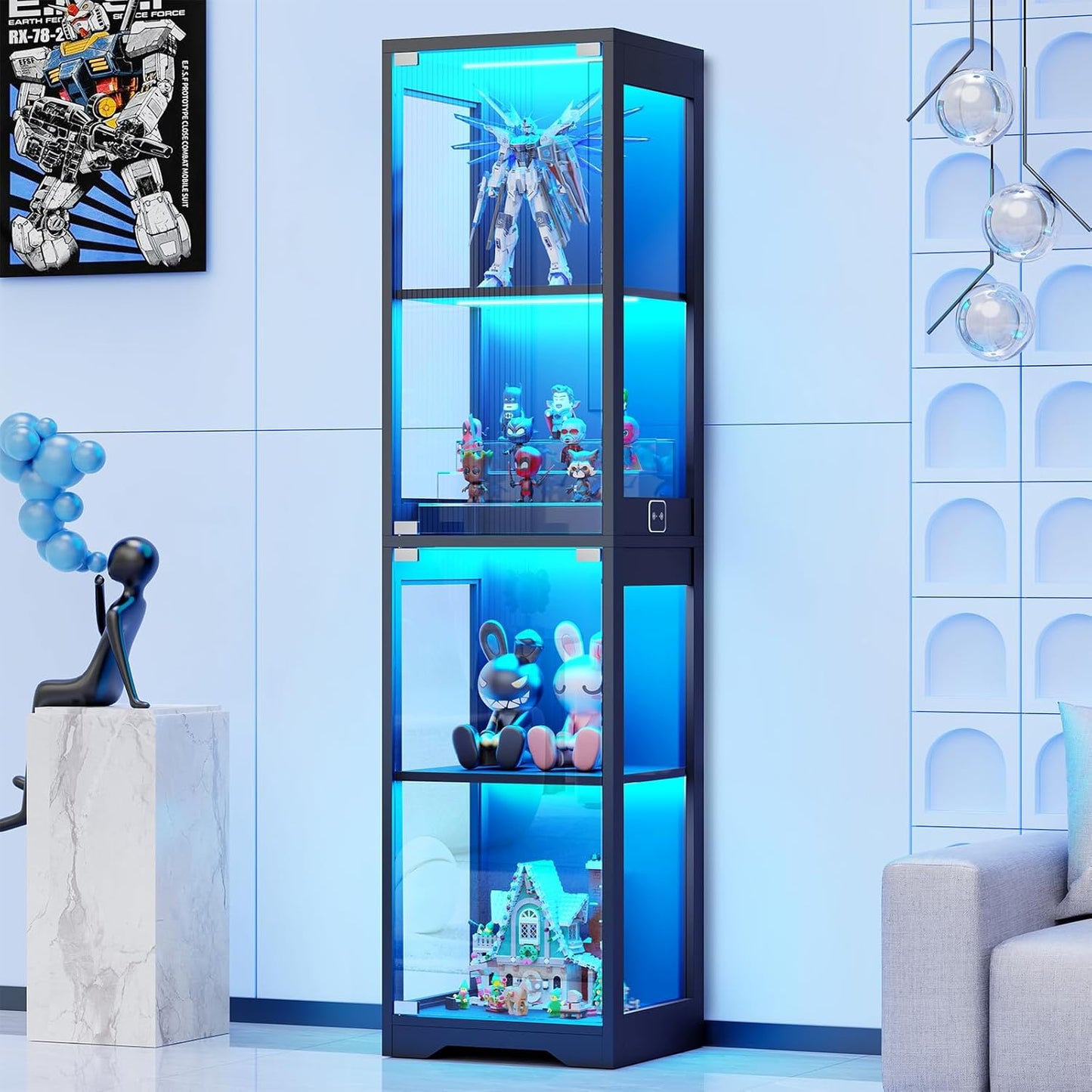 Glass Display Cabinet with 3 Color Lights for Collectibles