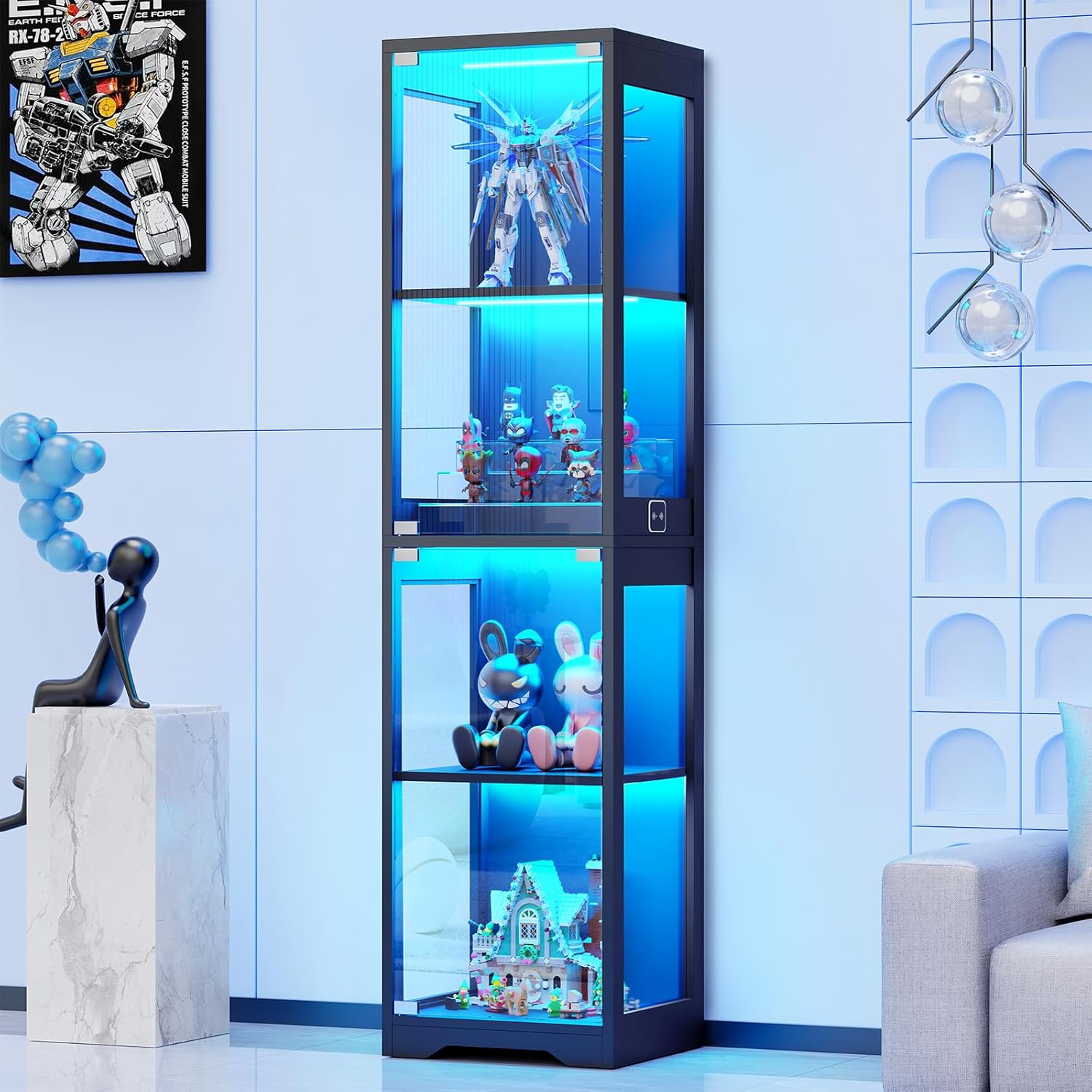 Glass Display Cabinet with 3 Color Lights for Collectibles