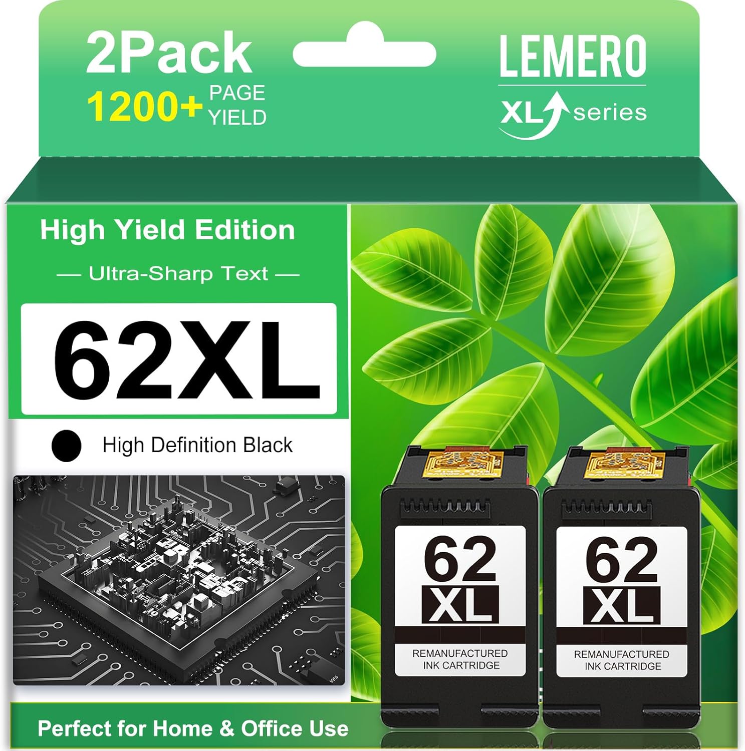 LEMER Remanufactured HP 62XL Black Ink Cartridges Combo Pack