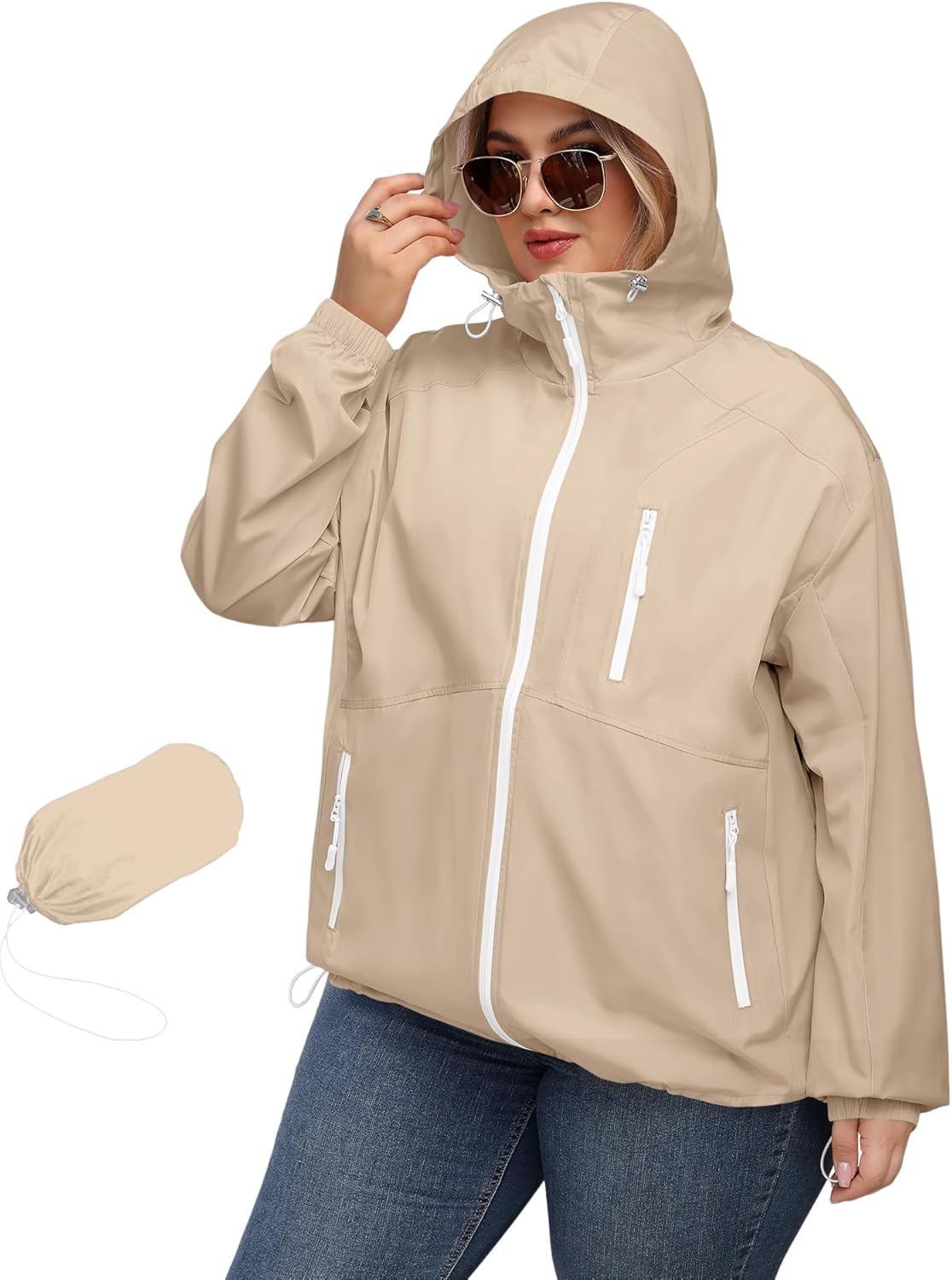Plus Size Womens Rain Jacket with Hood - Waterproof Trench Coat