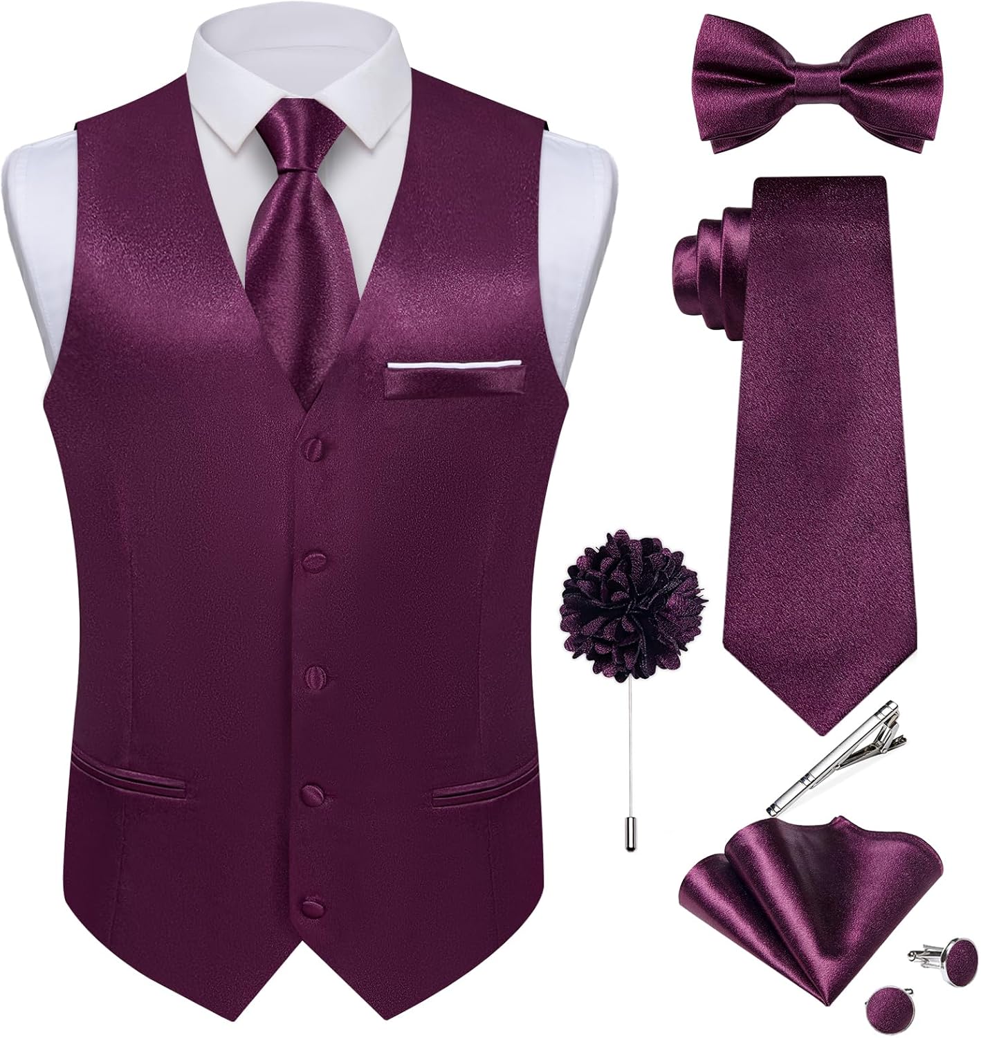 DiBanGu Mens Satin Suit Vest and Tie Set for Formal Occasions