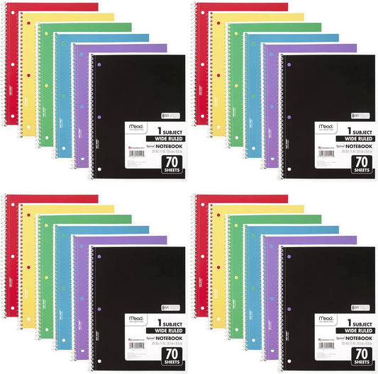 Mead Spiral Notebook 24 Pack - Wide Ruled - 70 Sheets - Versatile & Colorful