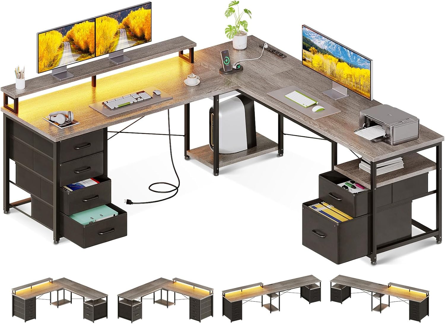 Spacious L-Shaped Gaming Desk with Storage & LED Lights