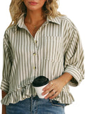 CHYRII Womens Summer Tops Ruffled Short Sleeve Button Down Striped
