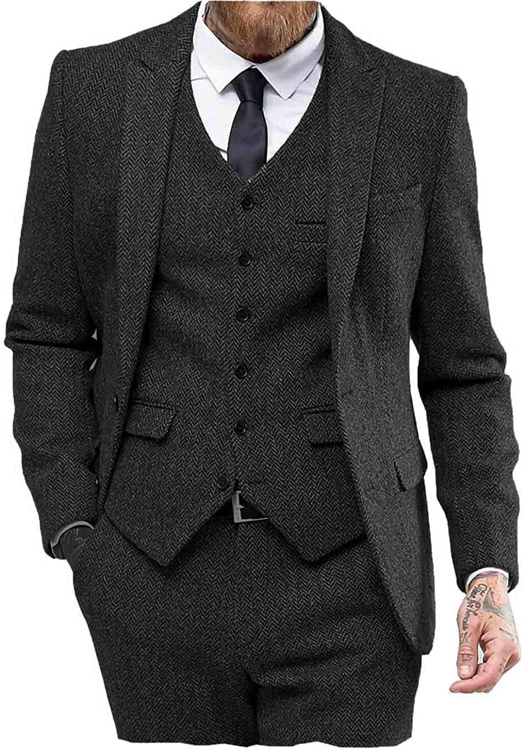 Mens Tweed Herringbone Wedding Suit Prom Tuxedos 3 Piece Set