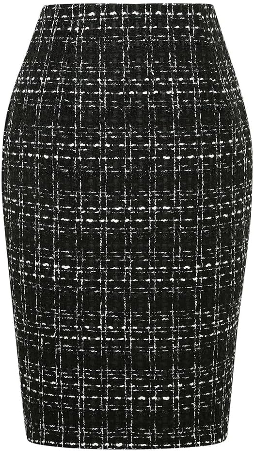 Womens Wool Plaid Pencil Skirt High Waisted Bodycon Midi Skirt