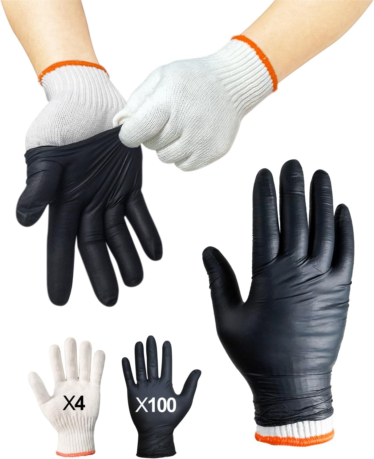 BBQ Gloves Combo: 100 Nitrile + 4 Cotton Liners by ANBOSON