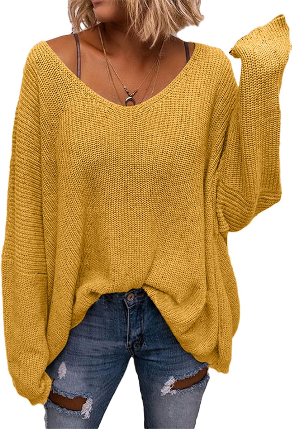 Stylish BZB Women's V Neck Long Sleeve Knit Oversized Sweater