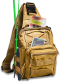 Fishing Backpack Sling Bag with Rod Holder - Compact Khaki Pack