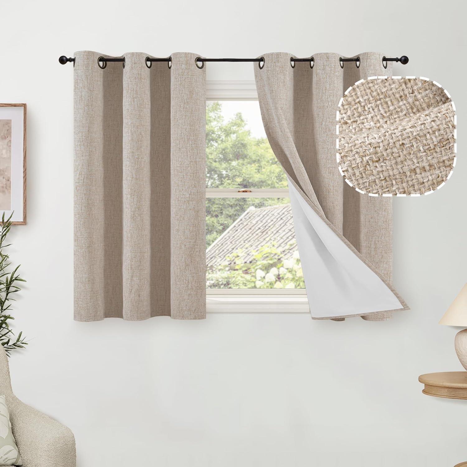 45 Inch Linen Blackout Curtains for Short Cafe Windows