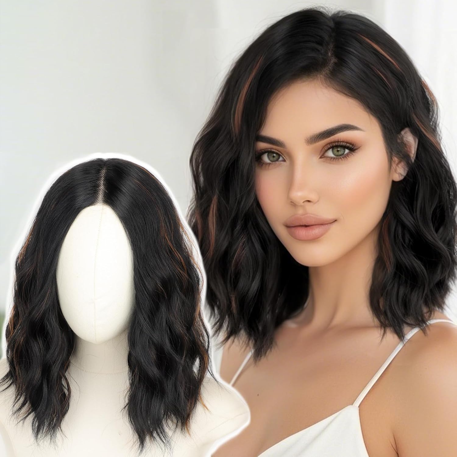 14 Inch Black Mix Brown Wigs for Women - Stylish Shoulder Length