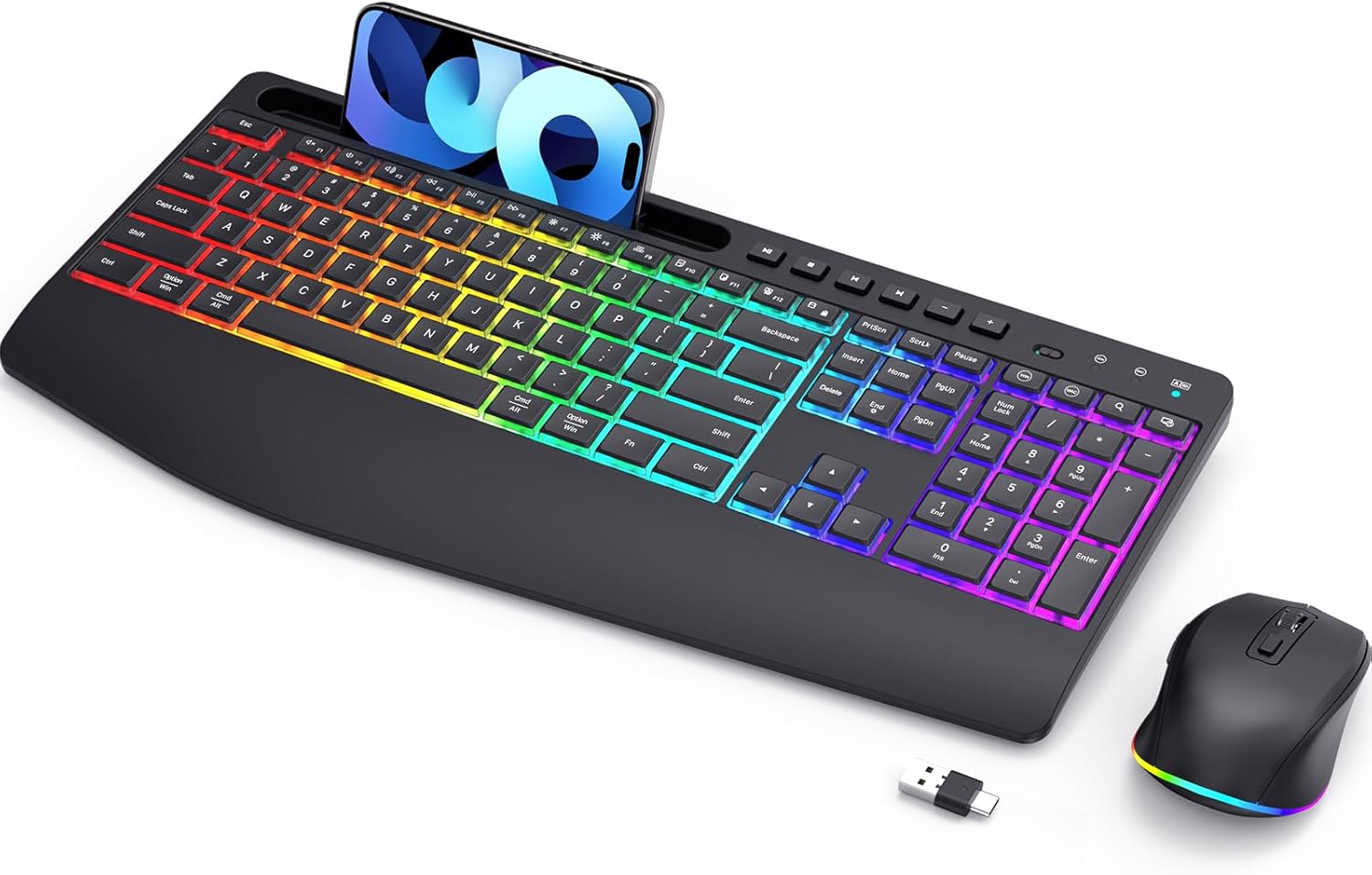RGB Backlit Wireless Keyboard & Mouse - Silent Ergonomic Design, Dual System, Rechargeable
