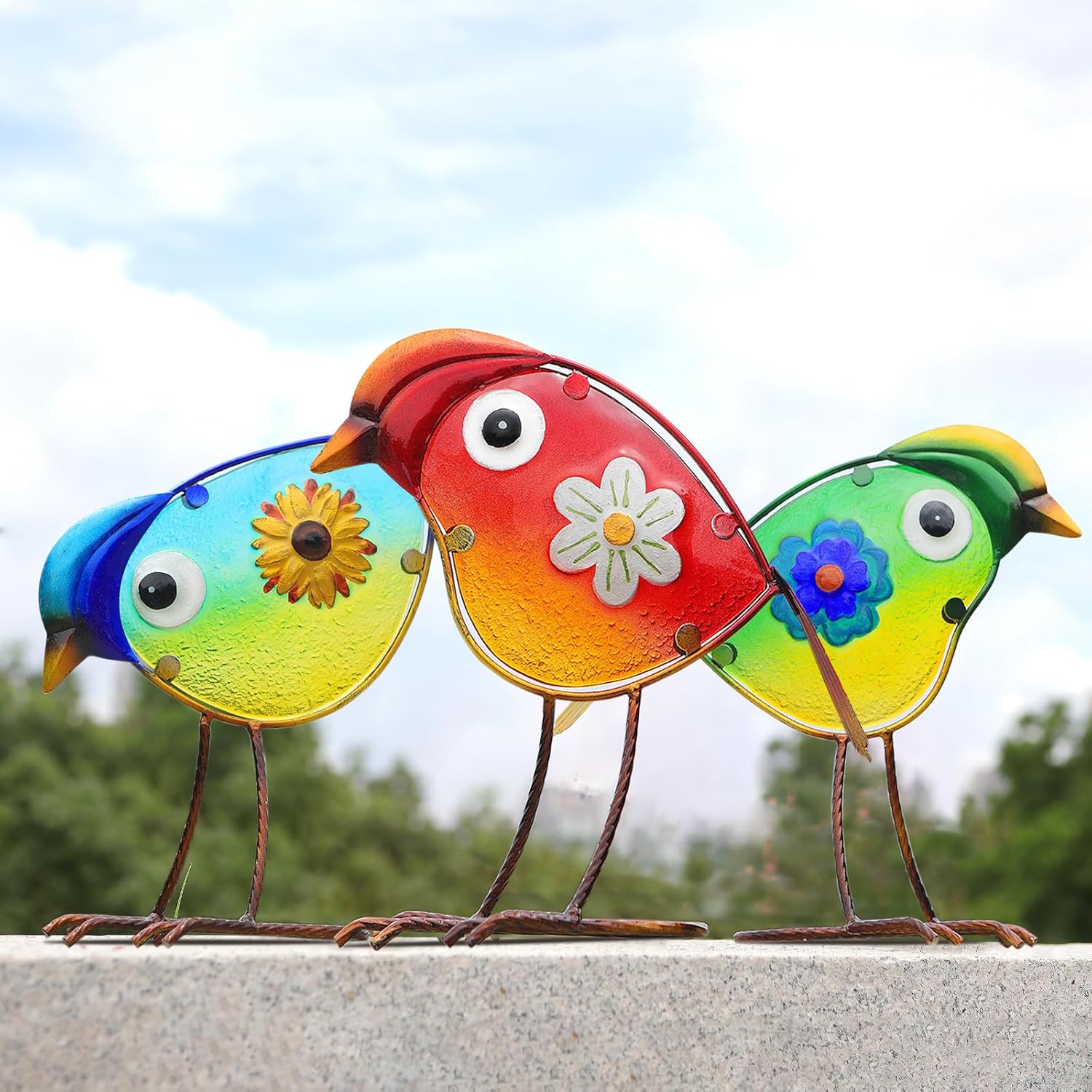 Bird Garden Decor for Outside - Colorful Glass & Metal Art