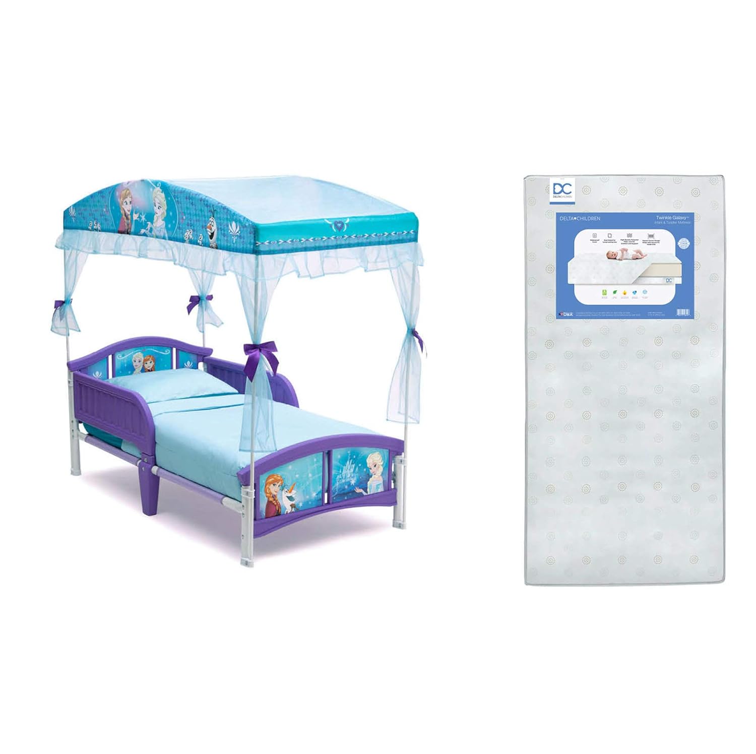 Delta Children Canopy Toddler Bed with Twinkle Galaxy Mattress