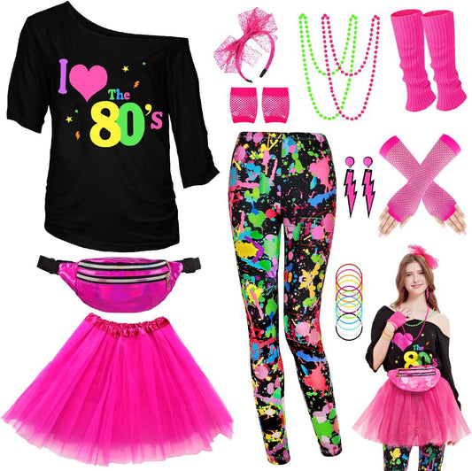 WlLDPARTY 80s Outfit Women Costume Accessories Set for Fun