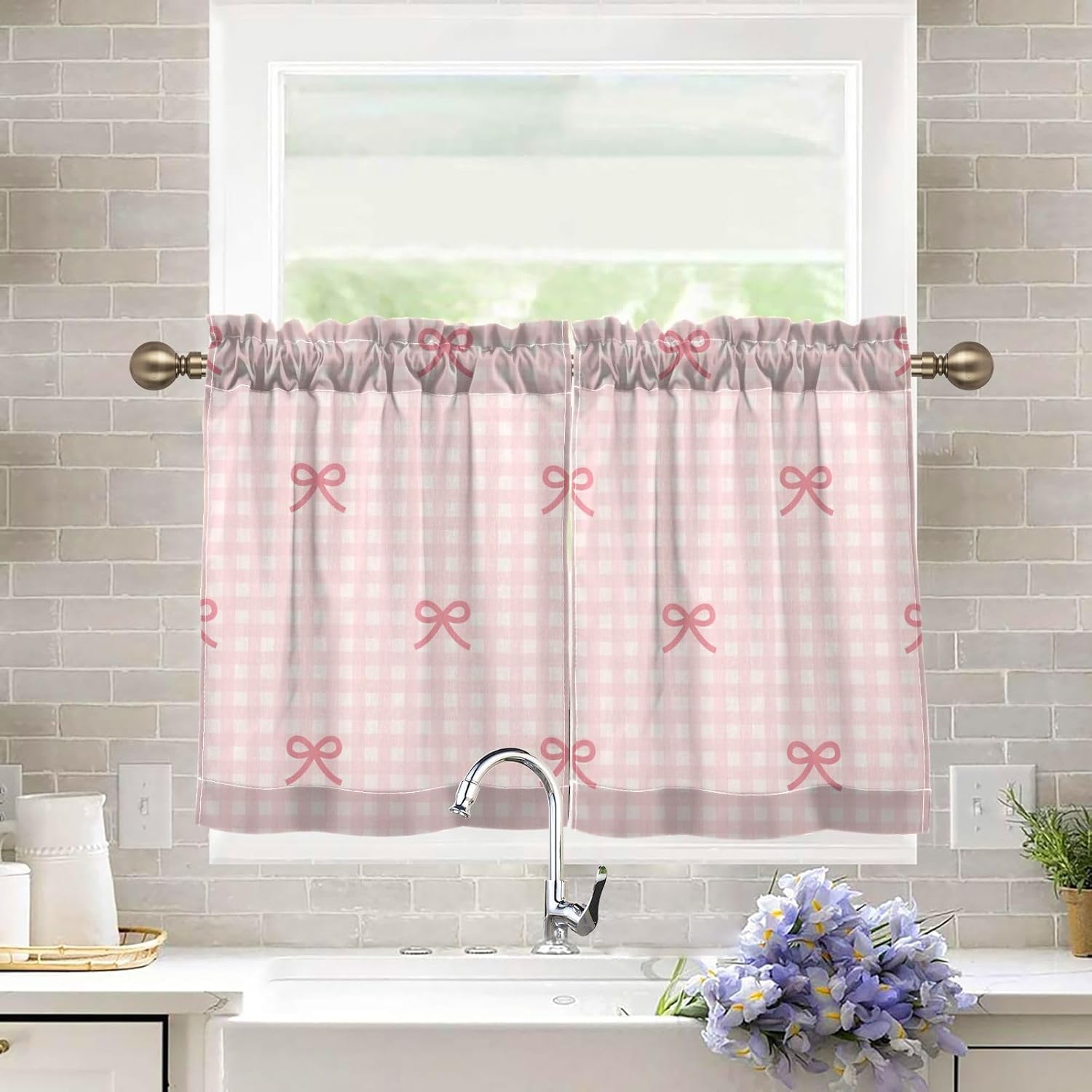 Susiyo Pink Checkered Bows Tier Curtains - 24 Inch Light Filtering Kitchen Curtains
