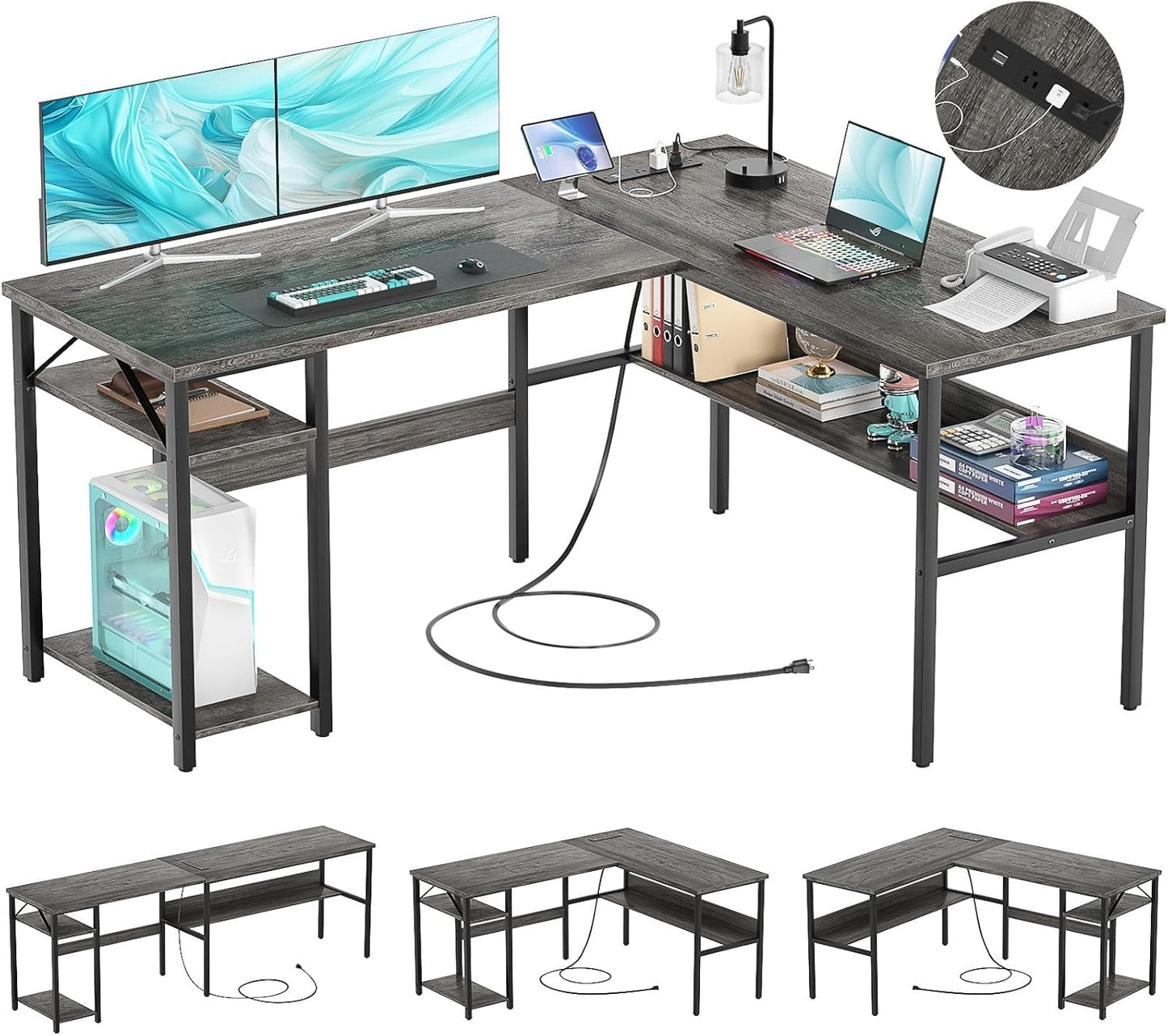 Hyomdeck Reversible Gaming Desk - Power & Storage, Easy Assembly