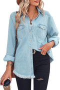 Women Denim Chambray Collared Shirt - Fringed Hem Casual Top