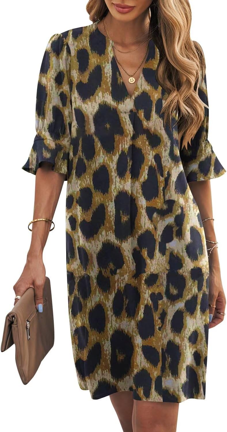 Wkior Shift Dress for Women V Neck Short Sleeves Casual Style