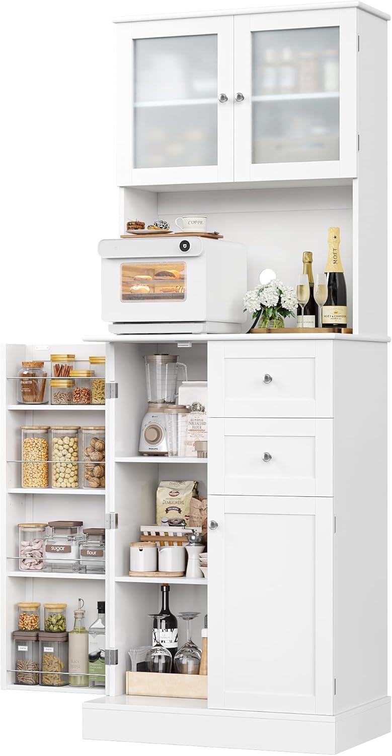 Modern Kitchen Pantry Cabinet with Glass Doors ~ White