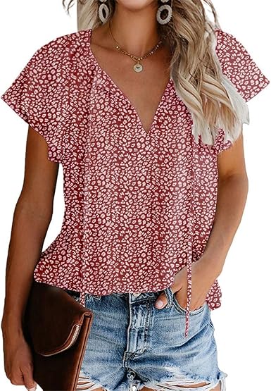 BIOHANBLE Womens Summer Cute Floral Ruffle V Neck Tops Blouses