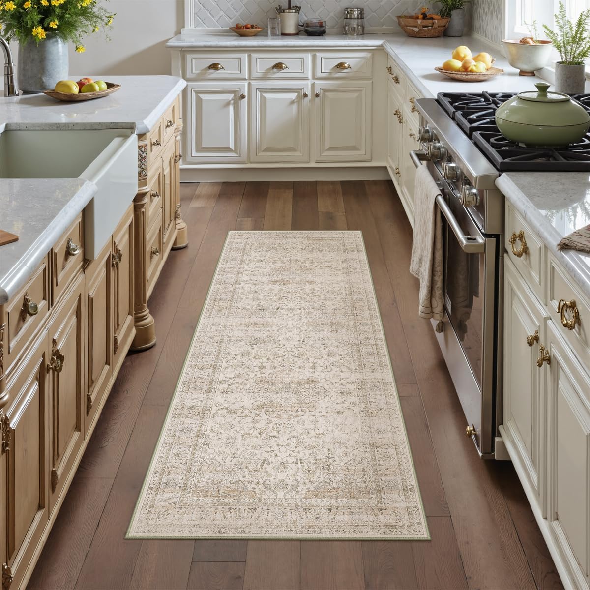 Vintage Distressed 2x6 Washable Beige Runner Rug for Home