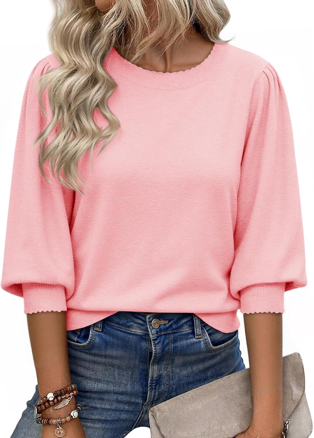 Cicy Bell Womens 3/4 Puff Sleeve Sweater for Casual Style