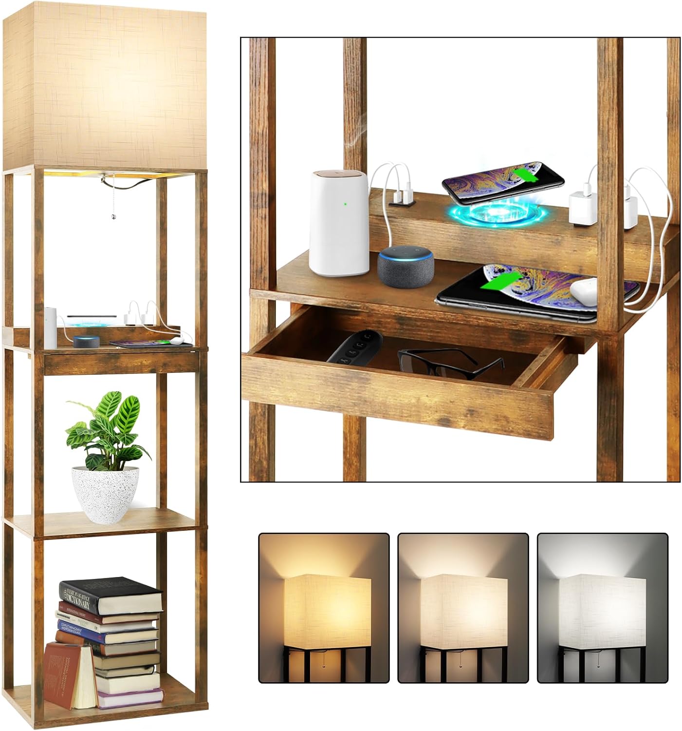 RUNTOP Floor Lamp with Shelves and Wireless Charging Station