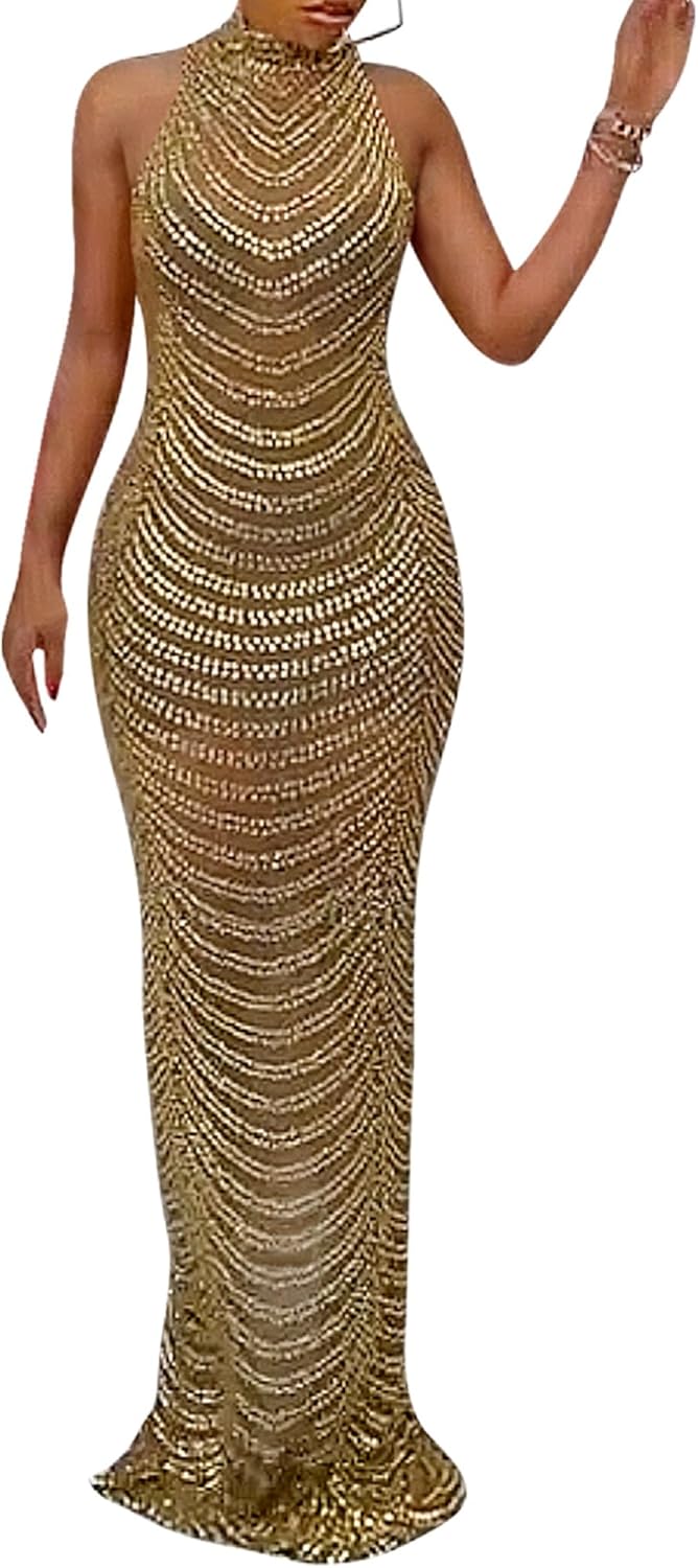 Sexy Elegant Rhinestone Mesh Bodycon Dress for Night Out