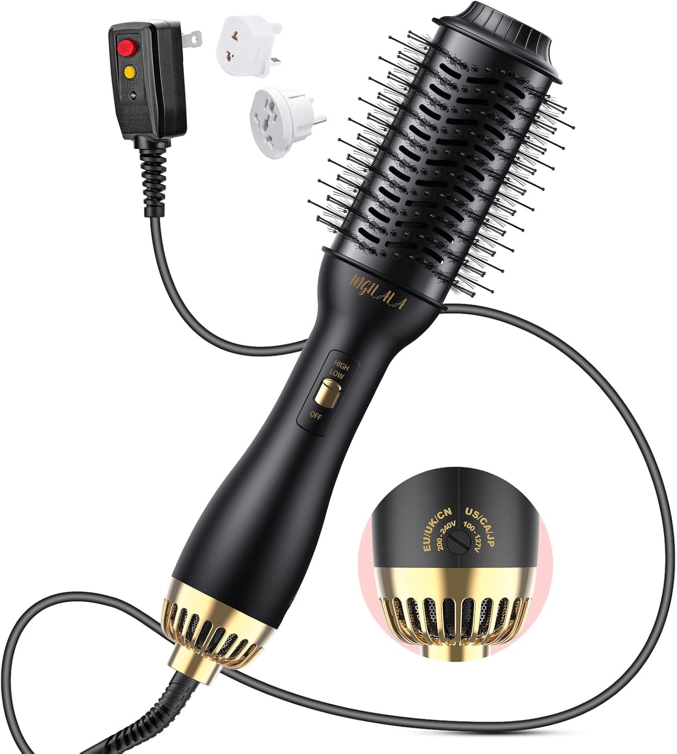 Dual Voltage Hair Dryer Brush with EU Plug Adapter for Travel