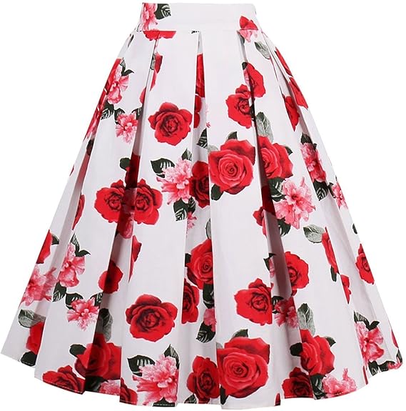 Girstunm Women's Pleated Vintage Floral Print A-line Midi Skirt