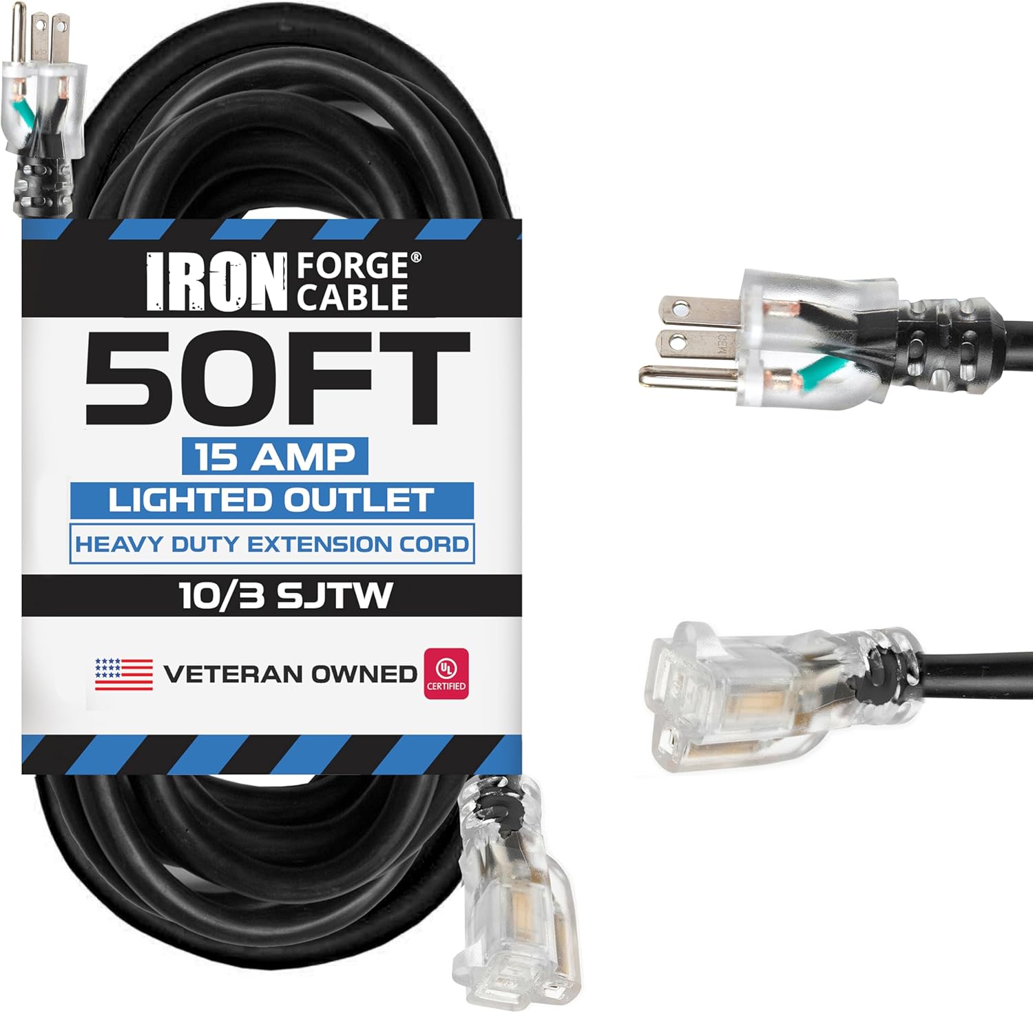 50 ft Lighted Outdoor Extension Cord - Heavy Duty 10/3 Cable