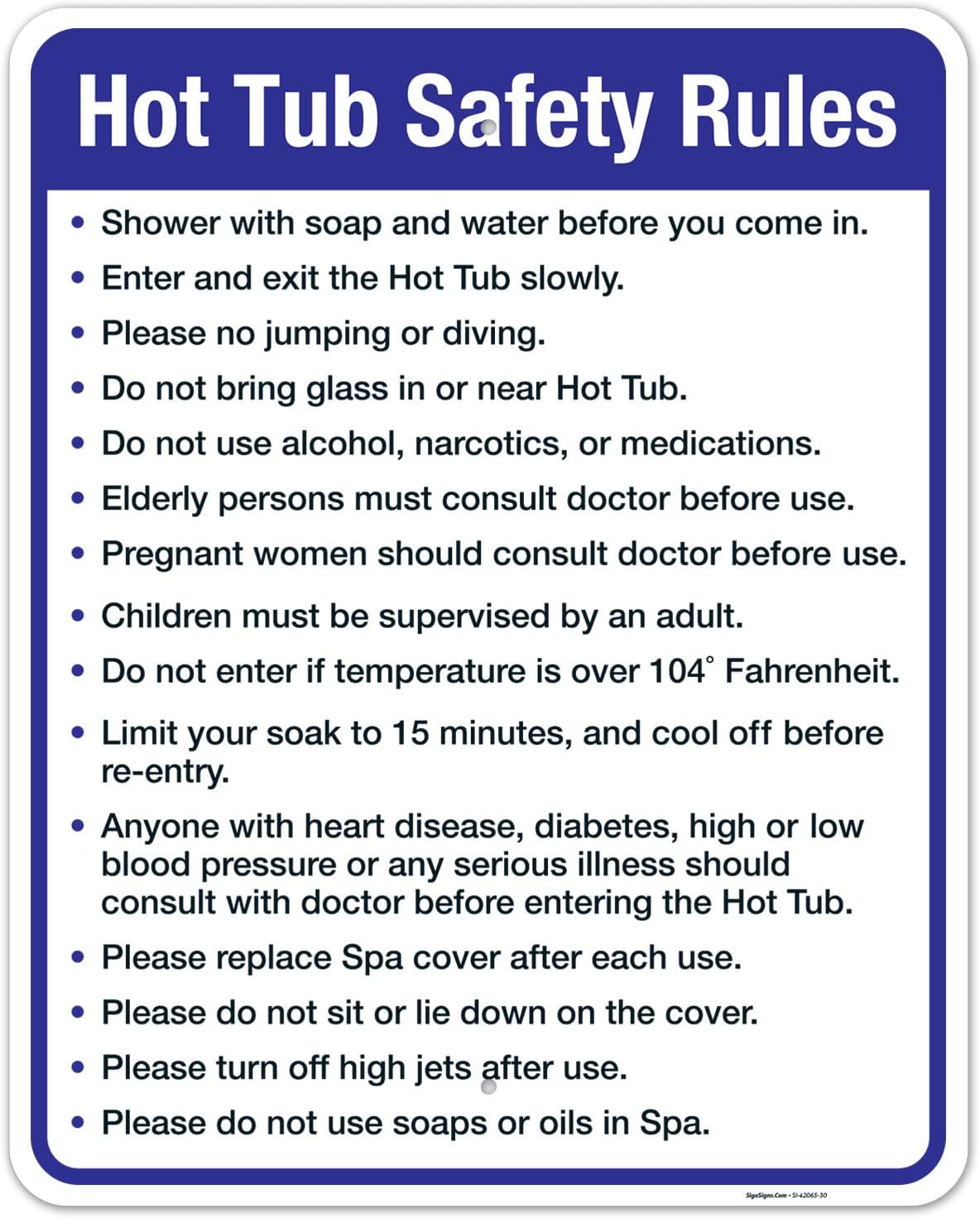 Hot Tub Safety Rules Sign for Indoor and Outdoor Use