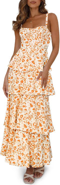 Fisoew Floral Maxi Dress Spaghetti Strap Tiered Ruffle - Flowy Fit